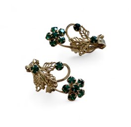 Vintage Green Rhinestone Flower Screw-back Earrings