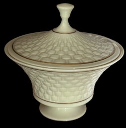 1953-1988 Lenox Madison Collection Basket Weave Footed Covered Candy Dish 6.75' Height Gold Mark
