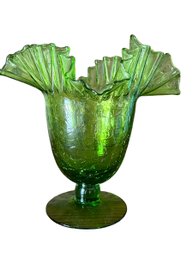 Vintage Blenko Art Glass Ruffled Crackle Glass Vase 8' Height X 8' Width