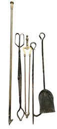 Lot Of 5 Vintage Brass & Wrought Iron Heavy Weight Fireplace Tools