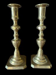 Circa Early 1900's Rostand Brass Candlesticks Diamond & BeeHive Pattern Marked 9' H