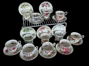 COMPLETE SET!! Royal Albert 'flower Of The Month' Series 12 Cups & Saucers PLUS Hard Plastic Stands