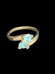Vtg 10K Yellow Gold Ring 2 Aquamarine Stones 3 Tiny Diamonds On Either Side Size 7  Jeweler Verified