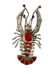 Vintage Sterling Silver And Coral 2.25' Lobster Pin-brooch Gemologist Verified For Coral