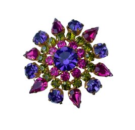 Marked Made In Austria VTG Pronged Crystal Pink Purple Green Starburst Pin Brooch 2' No Missing Stones