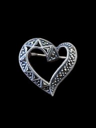Vintage Sterling Silver Marcasite Heart Brooch/Pin