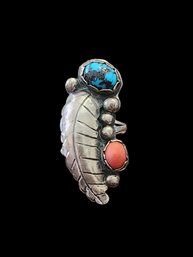 Beautiful Vintage Native American Sterling Silver Turquoise And Coral Color Ring, Size 5