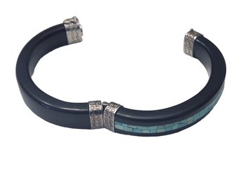 Beautiful Heavy Sterling Silver Onyx And Turquoise Color Bangle Hinged Bracelet