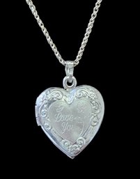 Vintage Sterling Silver 'I Love You' Rose Heart Locket Necklace