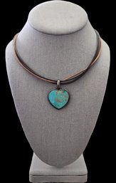 Vintage Thailand SX Sterling Silver Leather Turquoise Color Heart Necklace