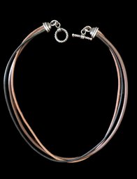 Vintage 3 Strand Sterling Silver And Leather Choker Necklace