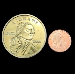 Oversize Sacagawea Coin And Solid Copper Sitting Bull Coin