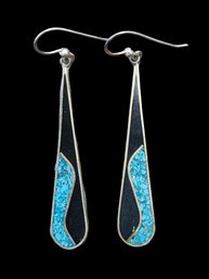 Vintage Mexican Alpaca Silver Turquoise Onyx Color Inlay Dangle Earrings