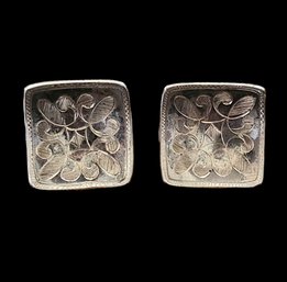 Vintage Sterling Silver Concave Square Etched Earrings