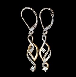 Vintage Designer 10K Gold And Sterling Silver Clear Stones Earrings