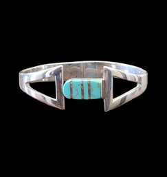 Vintage Mexican Sterling Silver Turquoise Inlay Hinged Bracelet