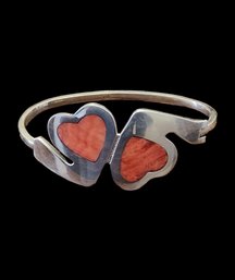 Vintage Sterling Silver Coral Color Inlay Heart Bracelet