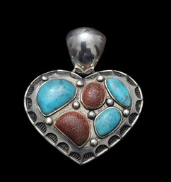 Vintage SX Sterling Silver Turquoise Coral Color Designer Heart Pendant