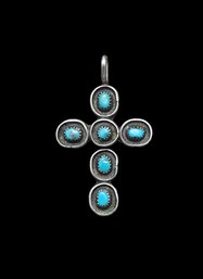 Vintage Handcrafted Sterling Silver Turquoise Cross Pendant