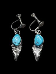 Vintage Native American Sterling Silver Turquoise Dangle Screw On Earrings