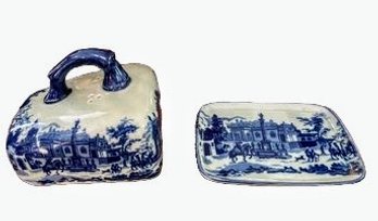 Vintage English Ironstone Flo Blue & White Transferware Vented Cheese/Butter Keeper Dish