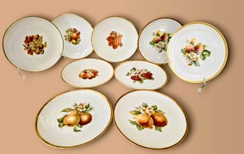 Set Of 9 Beautiful Hutschenreuther Germany Printed Dessert Plates With Gold Trim And Harvest Fruit Pattern