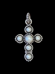 Vintage Sterling Silver Pearl Color Cross Pendant