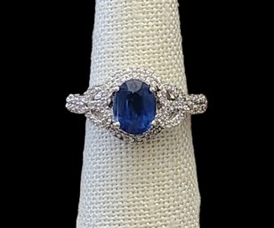 Beautiful RRJ Vintage Sterling Silver Sapphire Color Clear Stones Designer Ring, Size 6.75