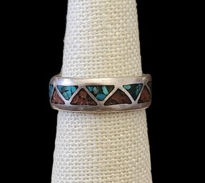 Vintage Native American Sterling Silver Coral/Turquoise Inlay Ring, Size 7