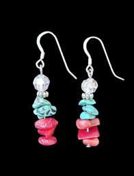 Vintage Sterling Silver Coral/Turquoise Dangle Earrings