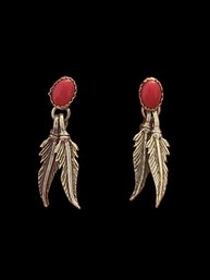 Vintage Sterling Silver Coral Color Feather Earrings