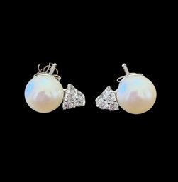 Vintage Sterling Silver Pearl CZ Stud Earrings