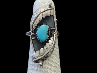 Vintage Native American Sterling Silver Turquoise Feather Ring, Size 4.5