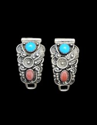Vintage Native American Sterling Silver Turquoise Coral Color Watch Band Pieces