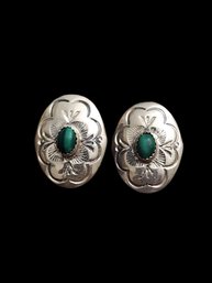 Vintage Native American Sterling Silver Green Turquoise Concho Earrings
