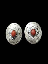 Vintage WT Native American Sterling Silver Coral Color Designer Concho Earrings
