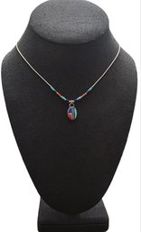 Beautiful Vintage Native American Sterling Silver Multi Color Inlay Pendant Necklace