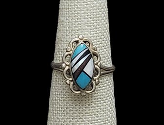 Vintage Native American Sterling Silver Multi Color Inlay Ring