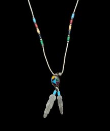 Vintage Native American Liquid Heishi  Necklace W/Sterling Silver Multi Color Inlay Feather Pendant