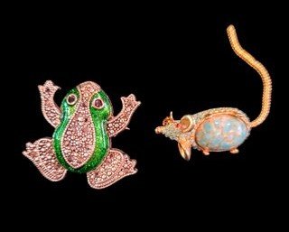 2 Vintage Mouse And Frog Brooch Pins With Gemstone Inlay Of Turquoise / Howlite / Crystal Enamel