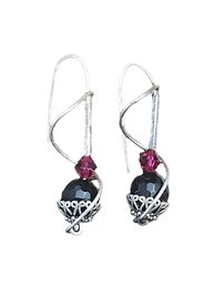 Vintage Sterling Silver Ruby Color Faceted Dangle Earrings