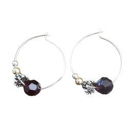 Vintage Sterling Silver Ruby Color Faceted Hoop Earrings