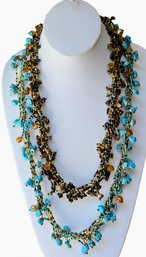 2 Beaded Torsade Necklaces With Turquoise And Amber Crystals