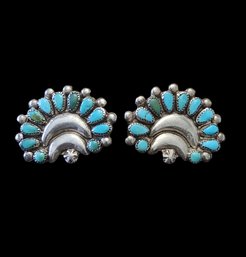 Vintage Native American Sterling Silver Turquoise Clip On Earrings