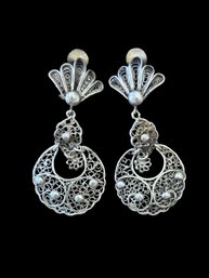 Vintage Sterling Silver Intricate Filigree Clip On Dangle Earrings