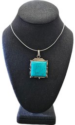 Vintage Italian Sterling Silver Rope Necklace W/ Large Sterling Silver Turquoise Color Pendant