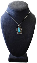 Vintage Native American Sterling Silver Turquoise Pendant On Italian Sterling Silver Necklace