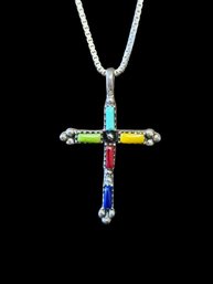 Beautiful Vintage Italian Sterling Silver Multi Color Cross Necklace