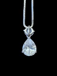 Vintage Italian Sterling Silver Necklace W/Teardrop CZ Pendant