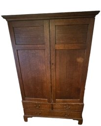 Solid Antique English Oak Colonial Style Armoire / Haberdashery With Paneled Door Fronts And Lower Storage